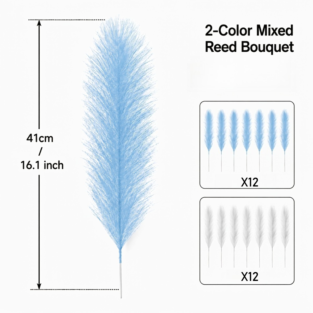 TEMU 24pcs Sky Blue White Mixed Artificial Reed Decorative Bouquet, 16.1in Lightweight Fake Feather Vase Arrangement, Suitable For Home Decor,