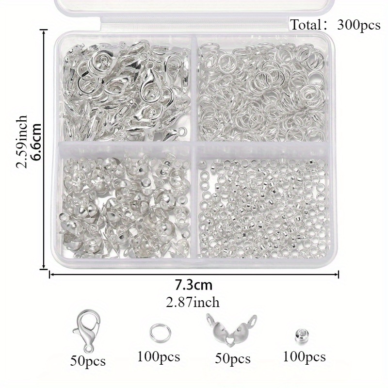 TEMU 300pcs Fournitures de fabrication de bijoux - Comprenant 50pcs Fermoirs mousquetons, 100pcs Anneaux de jonction, 100pcs Perles de positionnement