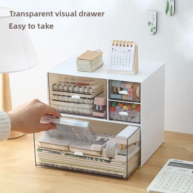 simple white desktop organizer with transparent drawers design for clear visibility and effortless retrieval multi layered compartments for organized storage of stationery and small items desk organization to enhance clutter free desk drawer organizer for home storage Product details 0