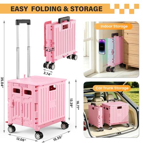 folding utility cart portable rolling crate handcart shopping trolley collapsible tool box with lid rotate wheels for grocery shopping office teacher camp