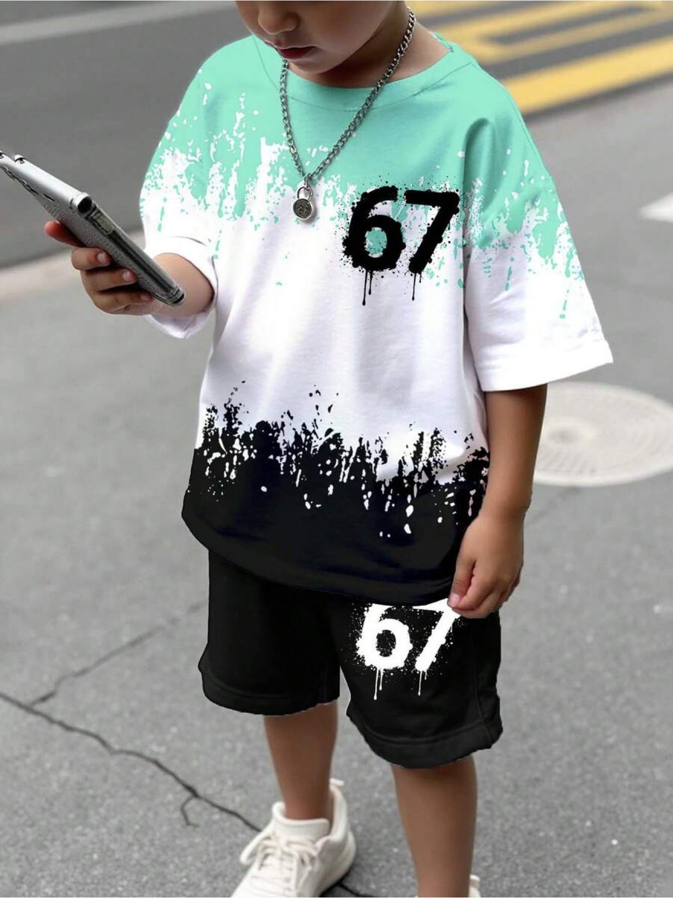 kids 67 paint splash 2pcs set mint white black short sleeve tee shorts drip art number print trendy   soft breathable casual outfit   style for boys   play clothes wear comfortable   clothing