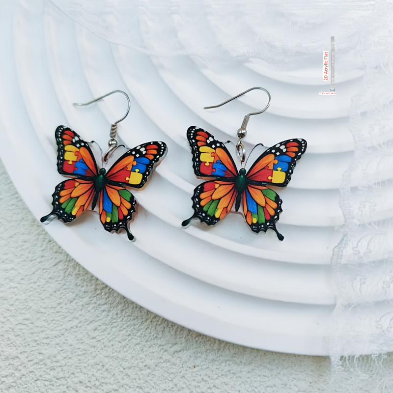 TEMU 2D Plat - 1 Paire de Boucles d'Oreilles en Résine Imprimées Puzzle Papillon Colorées pour Homme | Art Minimaliste Haut de Gamme aux Boucles