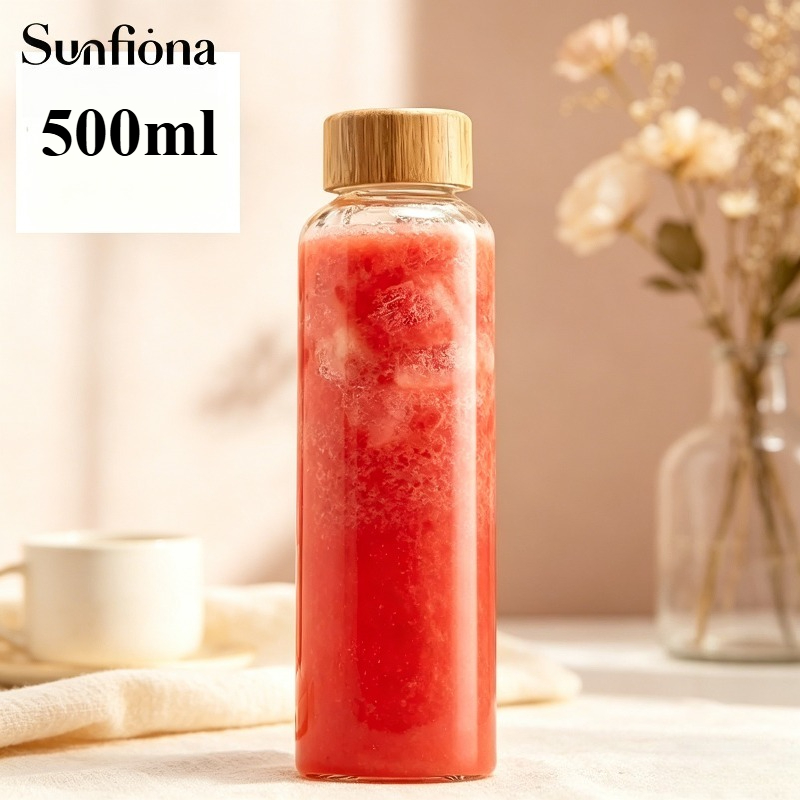 TEMU 1pc Sunfiona Borosilicate Glass Bottle With Bamboo Lid - Thermal Resistant Suitable For Travel, For Kombucha, , Tea, , Juice, Leakproof For Gym,
