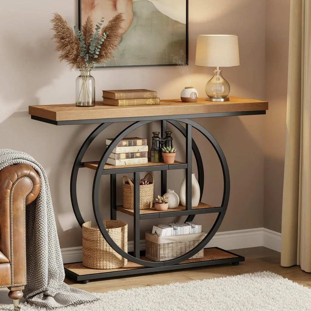 TEMU Table Console 41.3", Table d'entrée industrielle à 4 niveaux avec base circulaire, Tables d'accentuation étroites en bois avec étagères de
