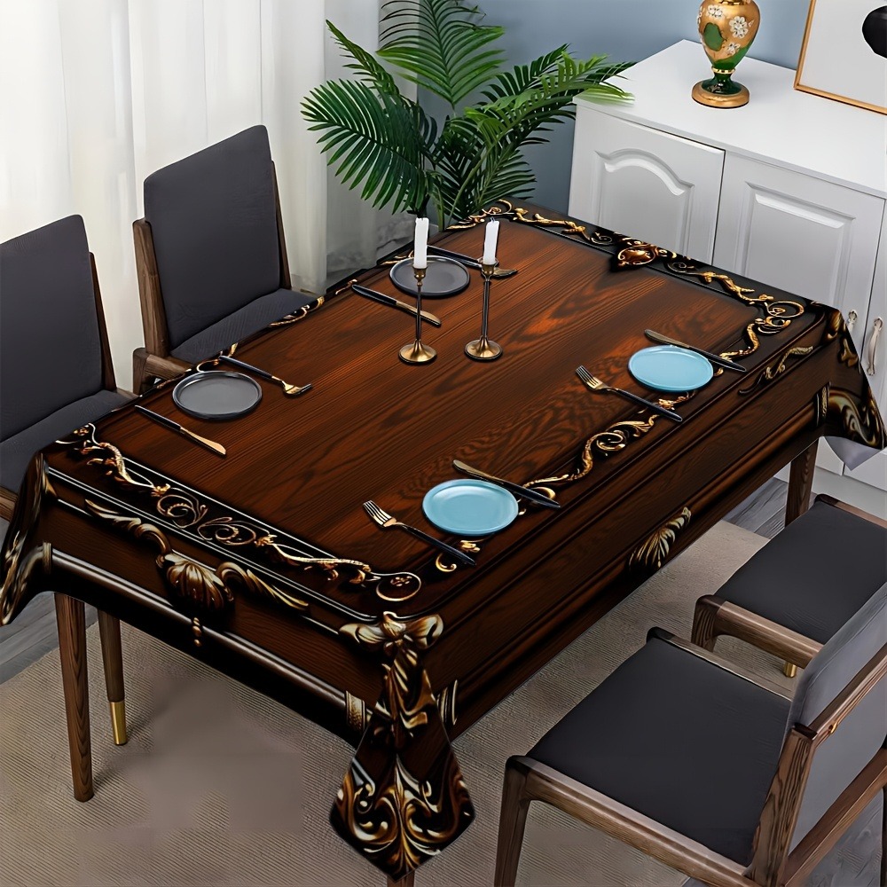 TEMU 1pc Tablecloth, Exquisite Vintage Floral European Wood Grain Pattern Tablecloth, Suitable For Family Gatherings, Catering Parties, And