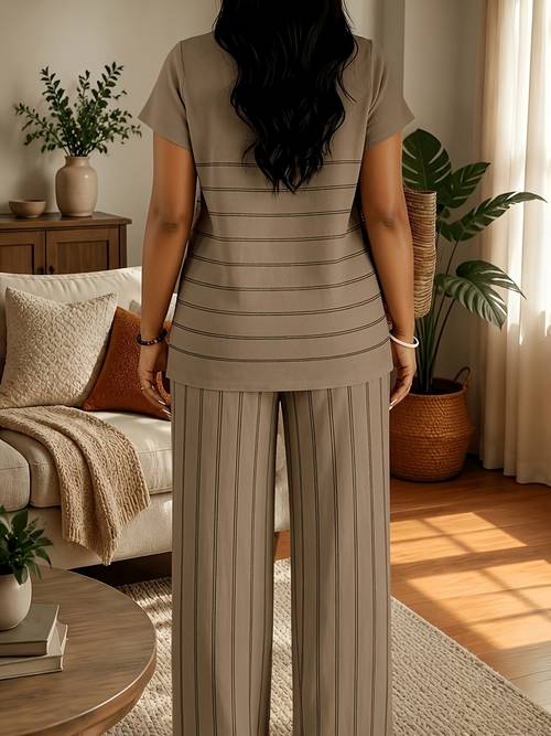 womens casual 2pcs set featuring a small v neck short sleeve top with casual long pants a popular for vacations soft and comfortable friendly fabric holiday wear