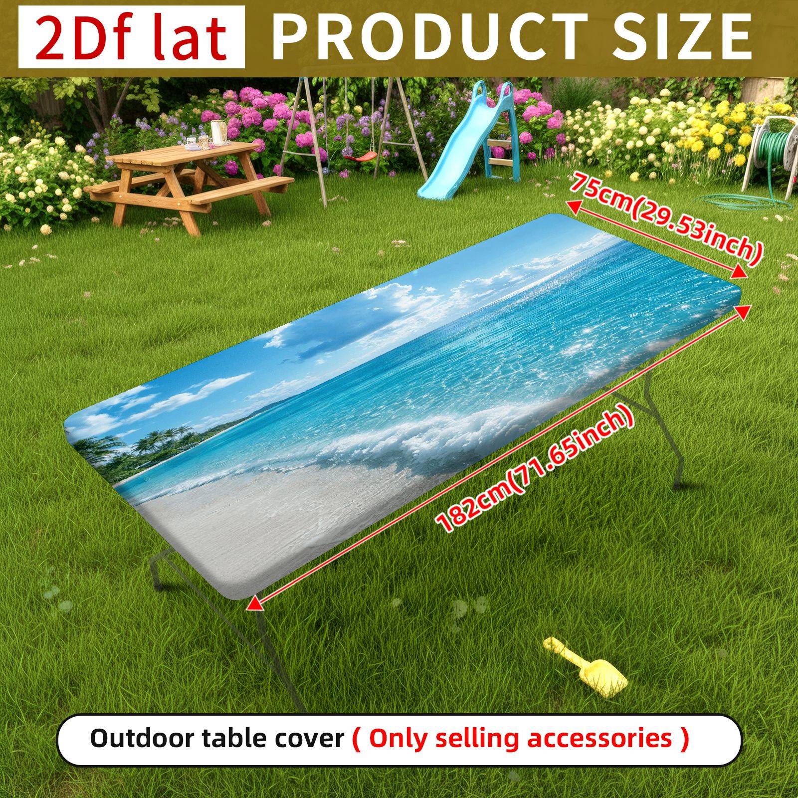 TEMU 1pc Beach Ocean Waves Stretchable Washable Tablecloth, Durable Polyester Rectangular Table Cover For Camping, Picnics, Coastal Theme, Garden