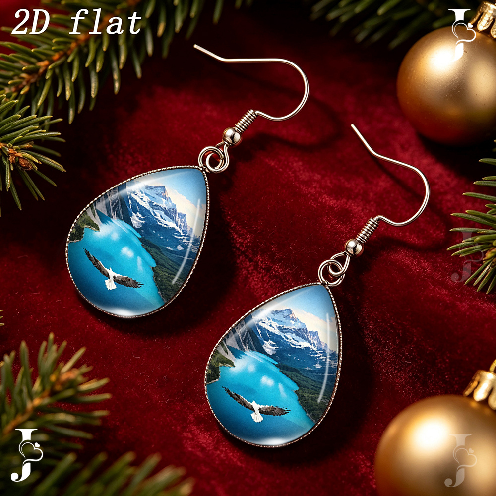 Teardrop Dangle Earrings with Snow Mountain Lake & Eagle Pattern