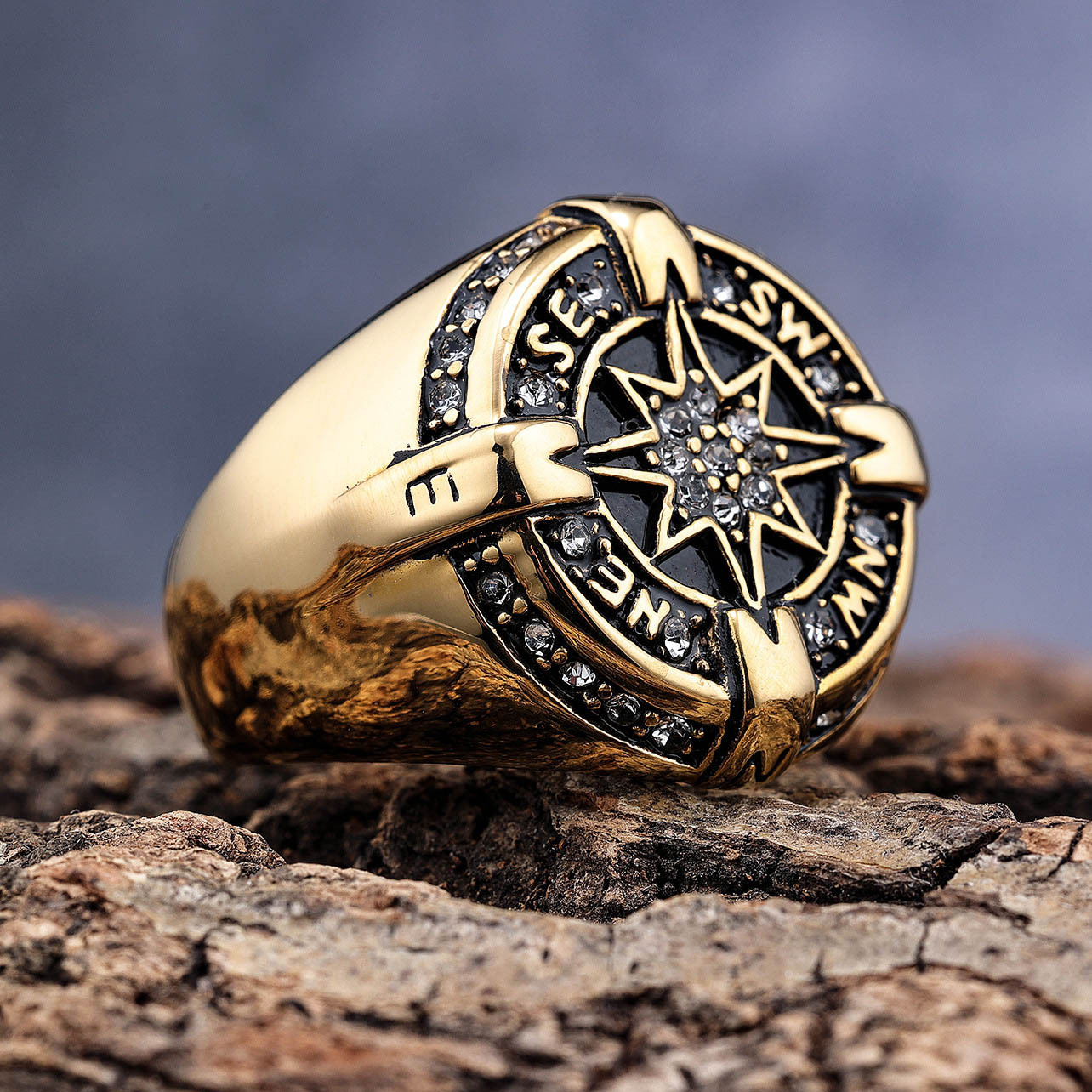 Image of Vintage Antique 304l Stainless Steel Compass Ring For Men, Rugged Nautical Style Inlaid Synthetic Cubic Zirconiaia , Cool Trendy Fashion Accessory