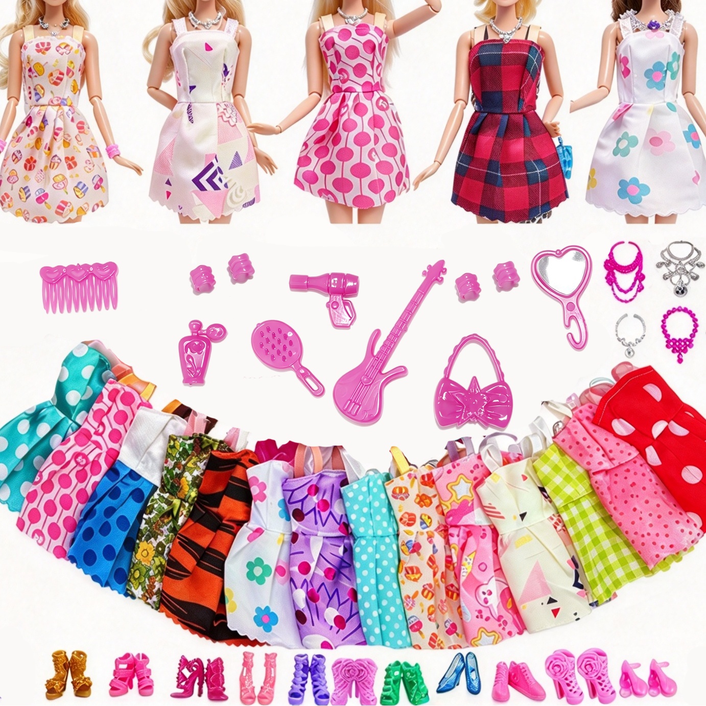 TEMU Ensemble de 35 pièces pour jeu de rôle et habillage de poupée fille, plusieurs styles à — 10 tenues, 5 paires de chaussures de poupée, 4 , 4