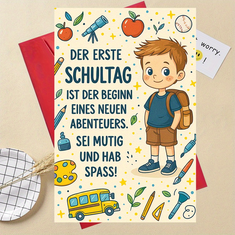 Back-to-school Greeting Card - German Inspirational Message, Cute Backpack With School Elements - Teacher's Day Gift, Classroom Decoration - Perfect Back-to-school Gift For Students And Educators