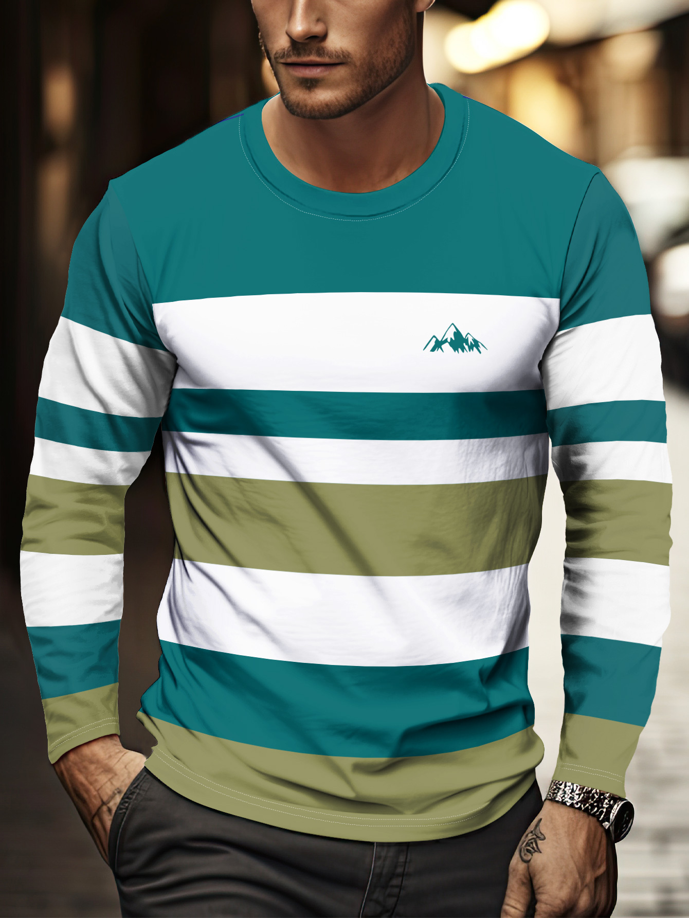 Men's Casual Streetwear Long Sleeve T-Shirt - Breathable Striped Round Neck Top with Random Print, Regular Fit for Spring/Summer Vacation & Casual Attire - Machine Washable Gift for Him, Spring Fashion, Street Style, Durable Construction, Stylish Tee, Summer Wardrobe