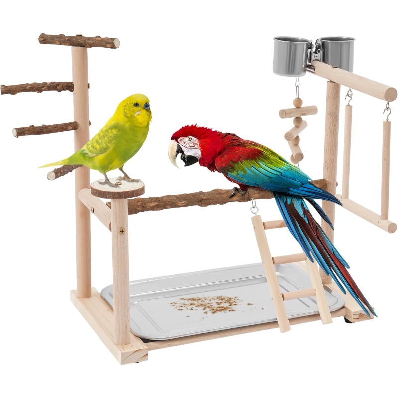 A Playground For Budgerigars, Featuring Additions Like Feeding Cups, Climbing Ladders, Swings, And Trays Suitable For Small To Medium-sized Parrots