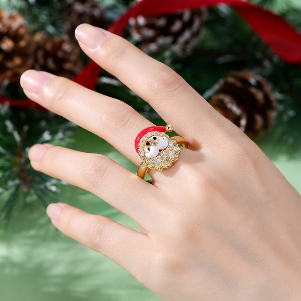 Copper Santa Claus Design Open Ring with Zirconia, Festive Jewelry