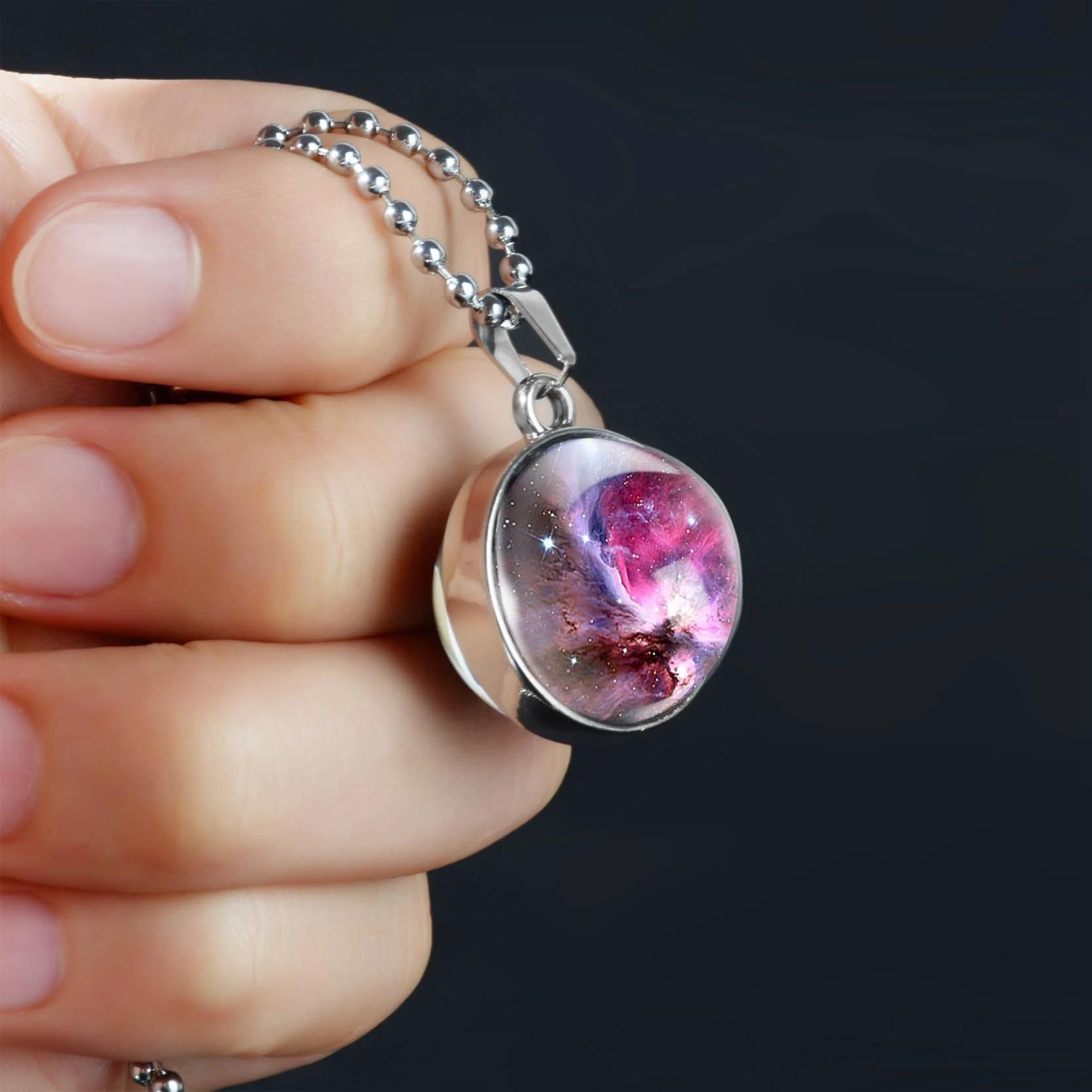 Double-Sided Galaxy Star Cabochon Glass Pendant Necklace