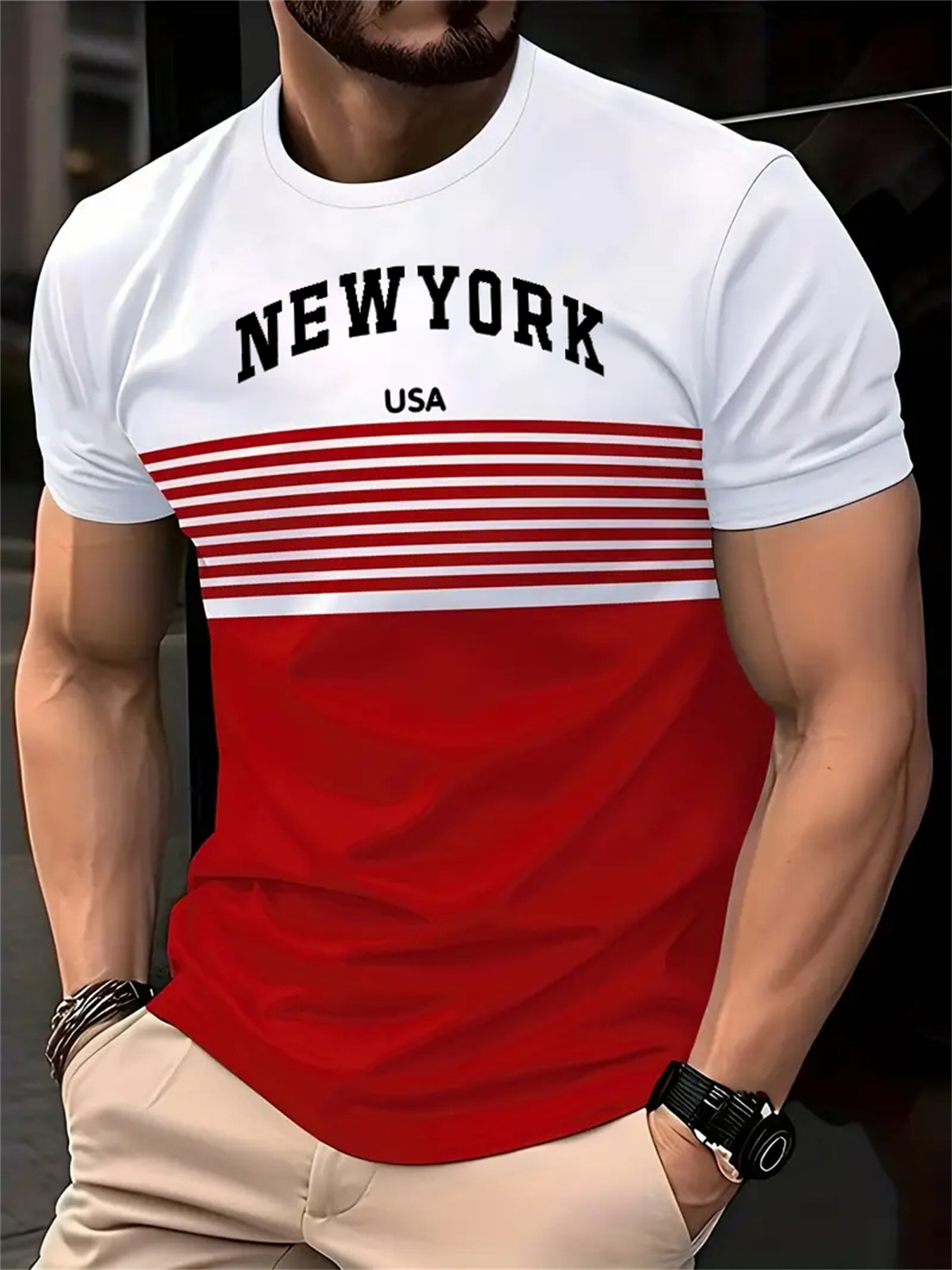 Men's New York USA 3D Print Striped T-Shirt - Casual Summer Sportswear, Oversized Red and White Short Sleeve Tee with Asymmetrical Stripes