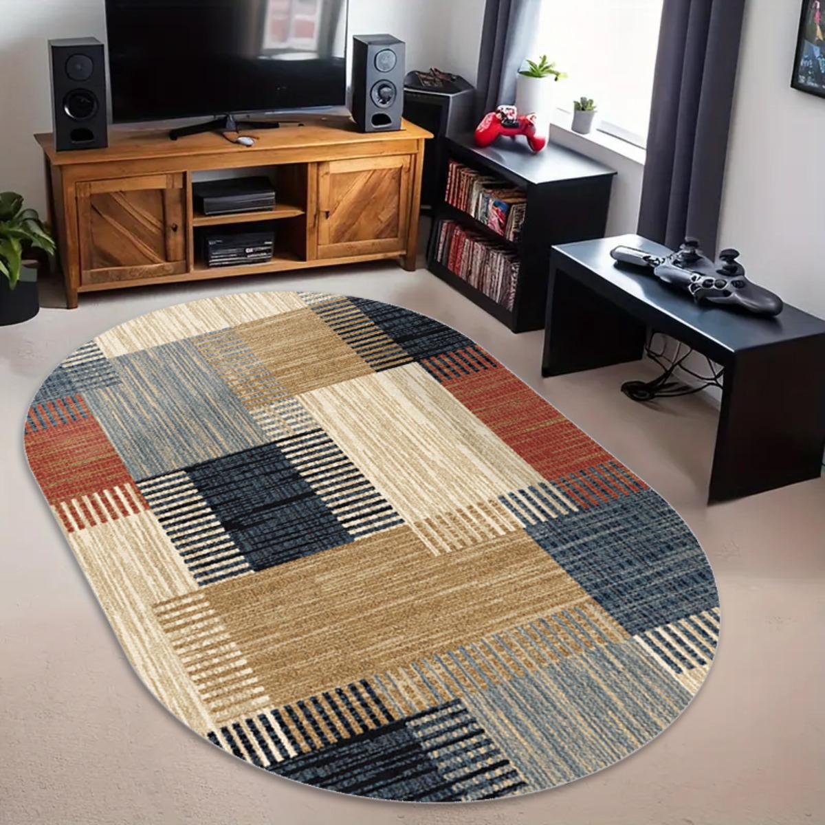 TEMU 1pc Tie-dye Checkered Pattern Oval Carpet, Luxurious And Soft Oval Carpet, European Style Suitable For Living Room, Bedroom, Dining Area,
