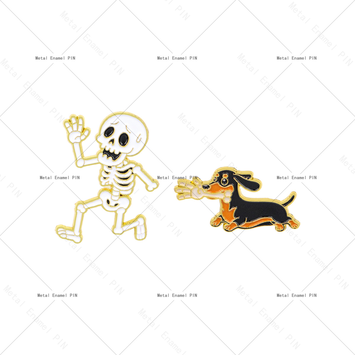 TEMU 2pcs Skeleton Dachshund Baking Paint And Color Blocking Enamel Pin Set, Cute Cartoon Skull And Sausage Dog Lapel Brooch, Funny Backpack Jacket