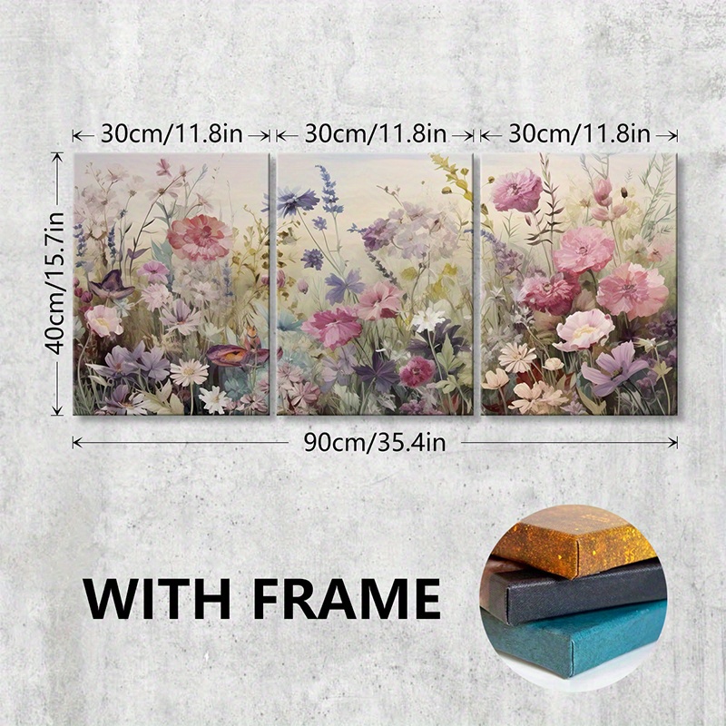 TEMU 3pcs Floral Canvas Wall Art Set, Flowers Print, Wooden Framed Decor For Living Room, Bedroom, Office - , Delicate Pastel Shades, Ideal Gift For