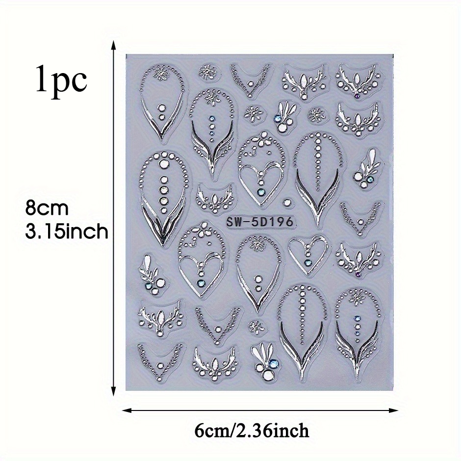 1pc Embossed Nail Sticker With Sparkling 3d Nail Rhinestones, Silvery Heart, Star, , Geometric Circular Pattern, Self-adhesive Nail Decals, Nail Art Decorations, Nail Products For Ladies And