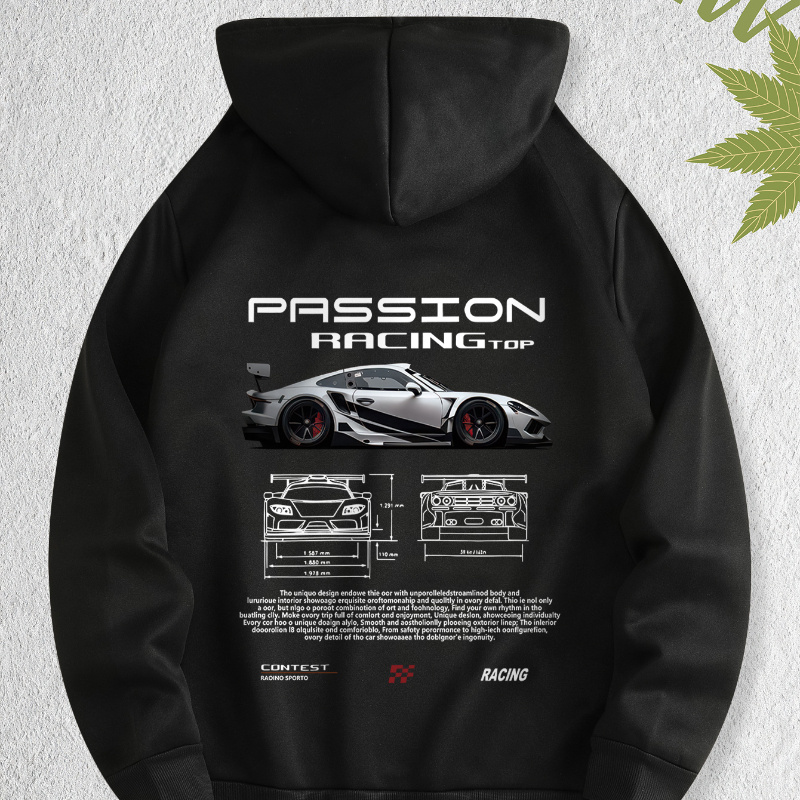 

Men's Polyester Hoodie With Racing Car Print, Casual Knit Hooded Sweatshirt With Drawstring, Regular Fit With Kangaroo Pocket, 100% Polyester, 250gsm - Trendy Sports Car Themed Top