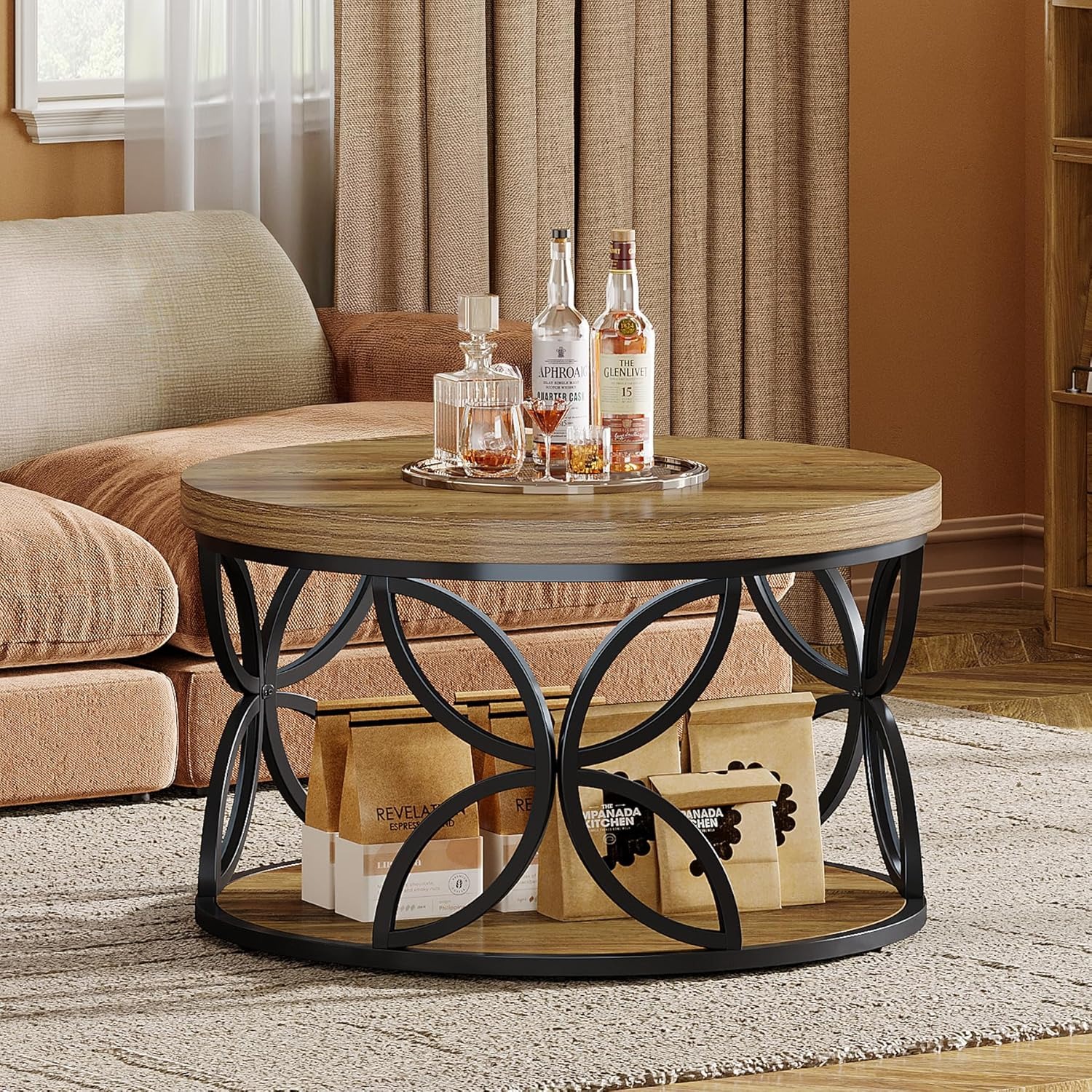 80 Cm Round Coffee Table With Storage, 2-tier Coffee Table For Living Room And Office, Rustic Brown Wood Grain And Black Metal Frame