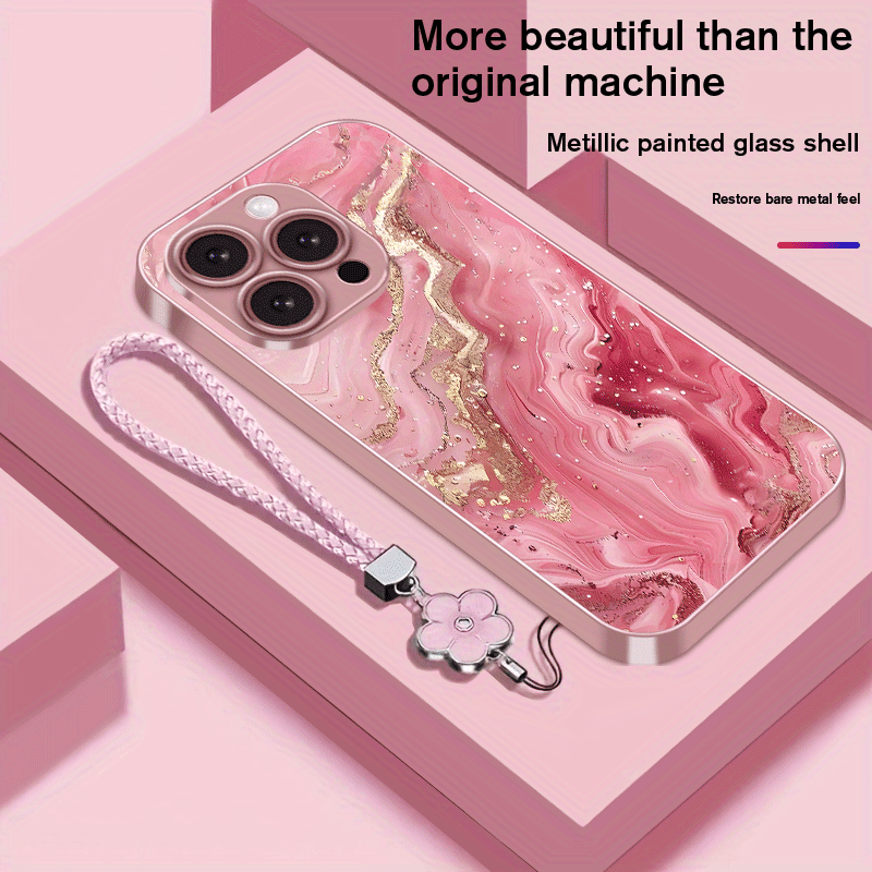 TEMU Phone Case: Pink/blue/purple/silvery/black - Options With Gilded Marble , Metallic Paint Glass Phone Case With Lanyard For Iphone 17/17 Air,