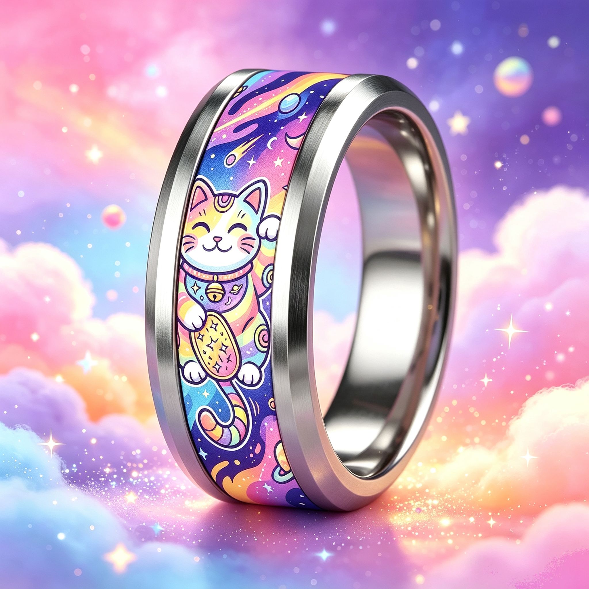 Rainbow Starry Sky Lucky Cat Cartoon Wide Ring