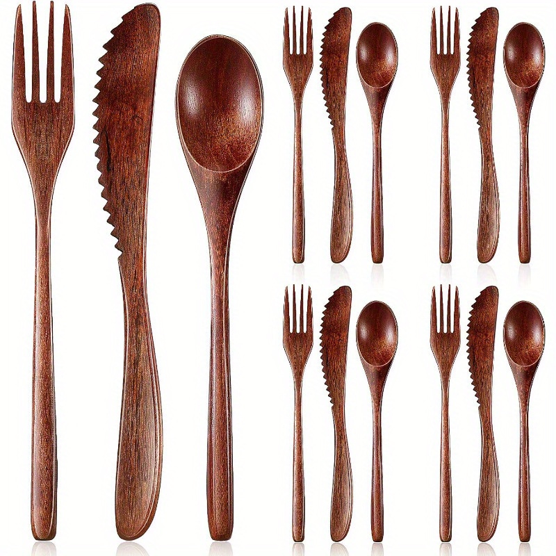 TEMU Natural Forks Knive Set, Wood Dinner Utensil Set Reusable Wooden Cutlery Set Comfortable To Suitable For Dining Utensils Kitchen Utensils Easy To Carry,father Gift