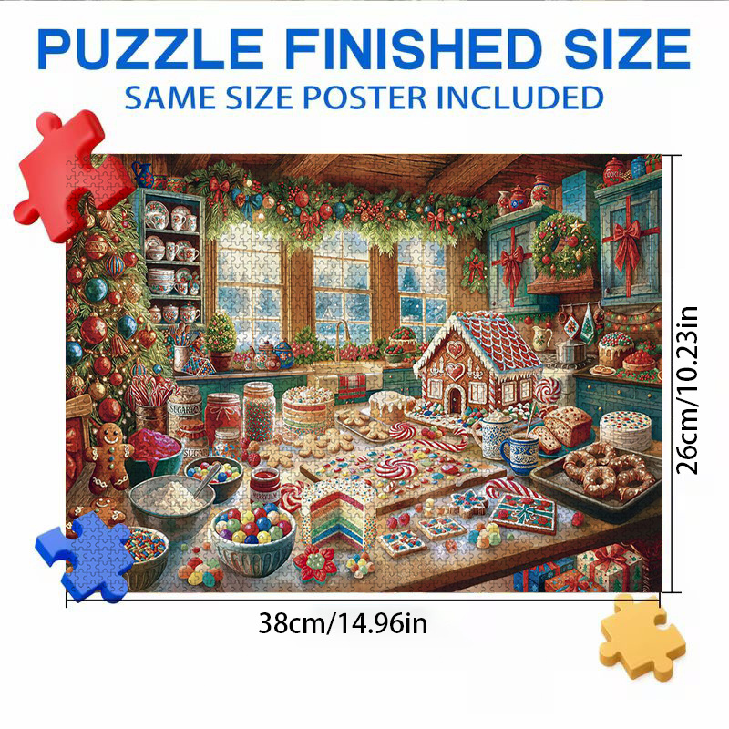 TEMU 1000pcs Mini Jigsaw Puzzle Christmas Kitchen Gingerbread House, Festive Baking Candy Canes Winter Dessert Scene, Home Decoration, Suitable For