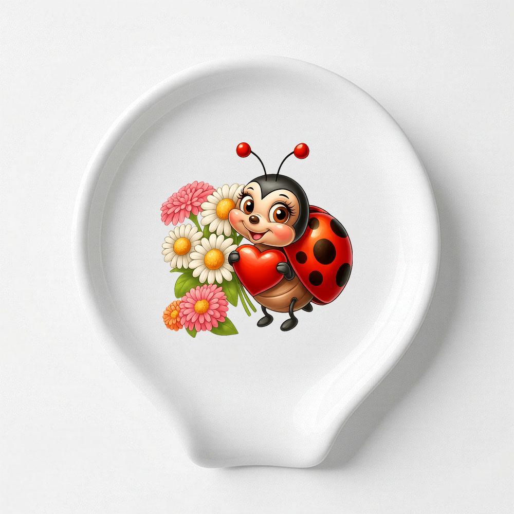 TEMU Ceramic Spoon Rest Featuring A Cartoon Ladybug With A Red Heart And Daisies, Designed In A Cute Kawaii Style With Vibrant Floral Details. This