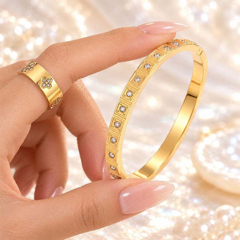 Women's 2pc Adjustable Bangle & Ring Set, Dazzling Zirconia Design