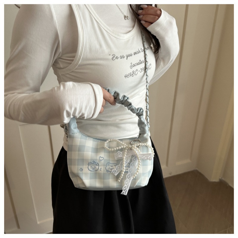 Plaid Ruched Handle Hobo Bag With Pearl Bow And Chain Shoulder Bag_voghion.com
