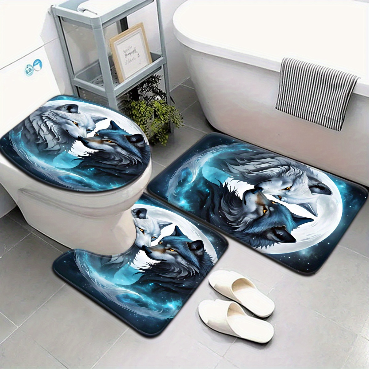 Image of 3pcs/4pcs Black And White Wolf Pattern Bathroom Mat Set, Toilet Lid Cover & Rug, U-shaped Bath Decor