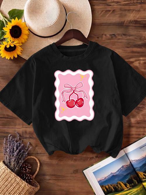 item picture cherry bow charm womens summer printed t shirt comfortable versatile casual short sleeve tee