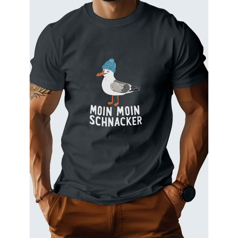 

Men's "moin Moin Schnacker" Seagull Graphic T-shirt - Casual Polyester Tee With Blue & Gray , Short Sleeve, Round Neck For