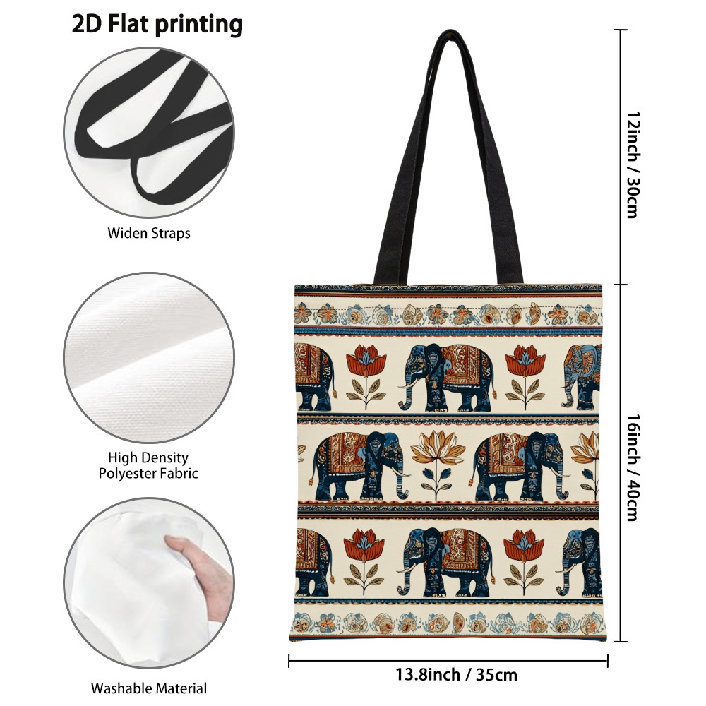 TEMU 1pc Of A Unique Tote Bag Featuring Elephants And Flowers, Made From Durable Polyester. This Reusable Grocery Bag With Strong Handles And Serves