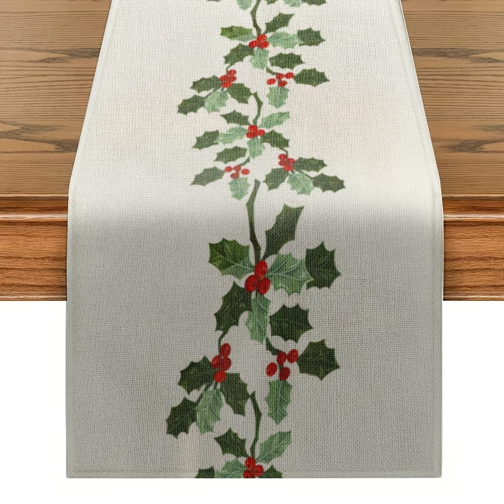 TEMU Yuletide Glow, Christmas Holly Table Runner - Festive Holiday & Kitchen Decor, Birthday & Housewarming Gifts, Polyester, Multiple Sizes