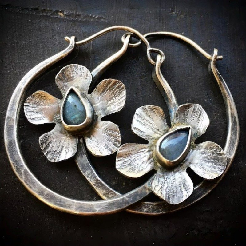 TEMU Vintage Handmade Drop Earrings Featuring A Bohemian Ethnic Design With Synthetic, In A Silvery Color With Flower, Perfect For Women's Jewelry