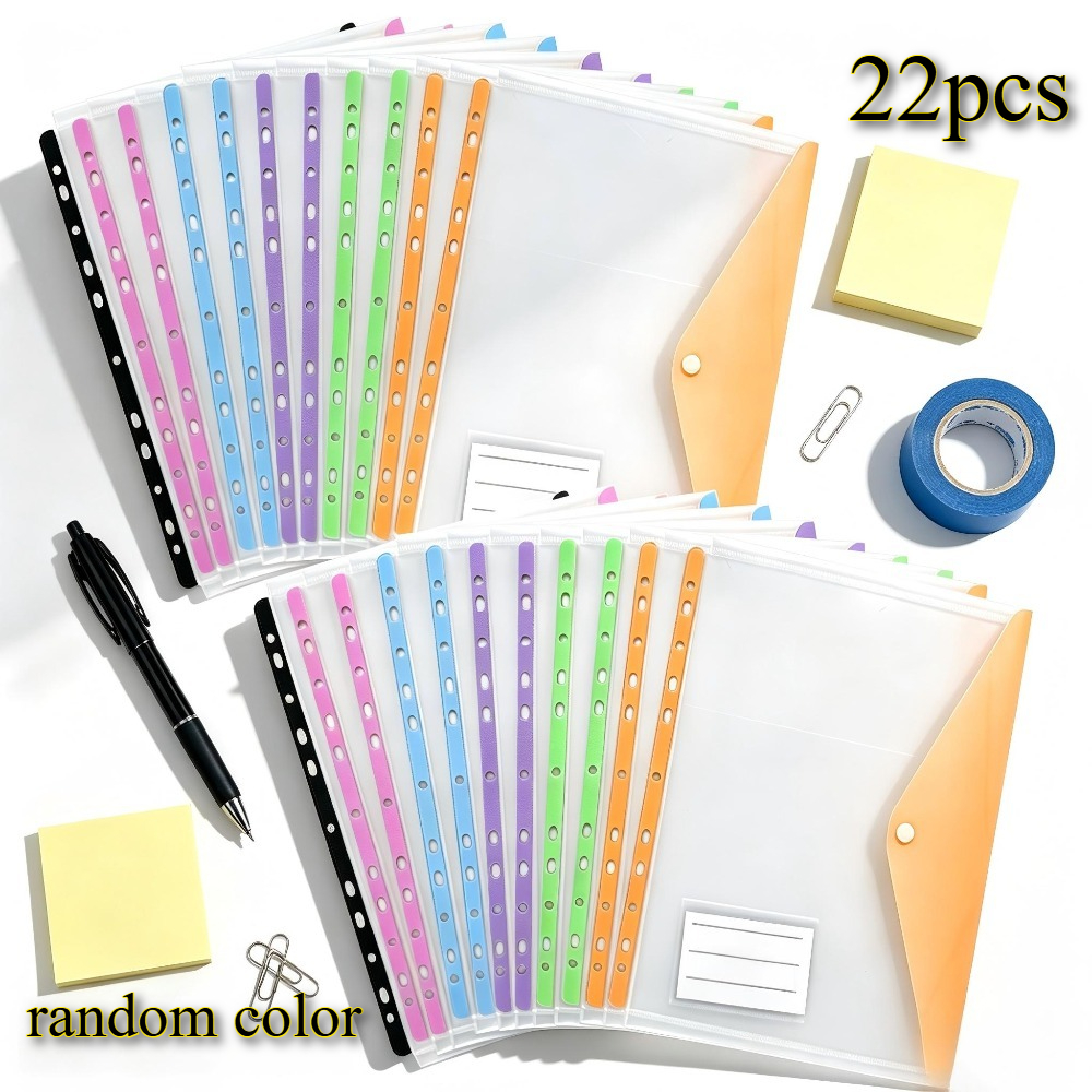 TEMU 22 Pack A4 Clear Binder Pockets Suitable For 2/3/4 Ring Binders, 11-hole Document Slot & Random Colored Pouches For, Office, Binder Organization