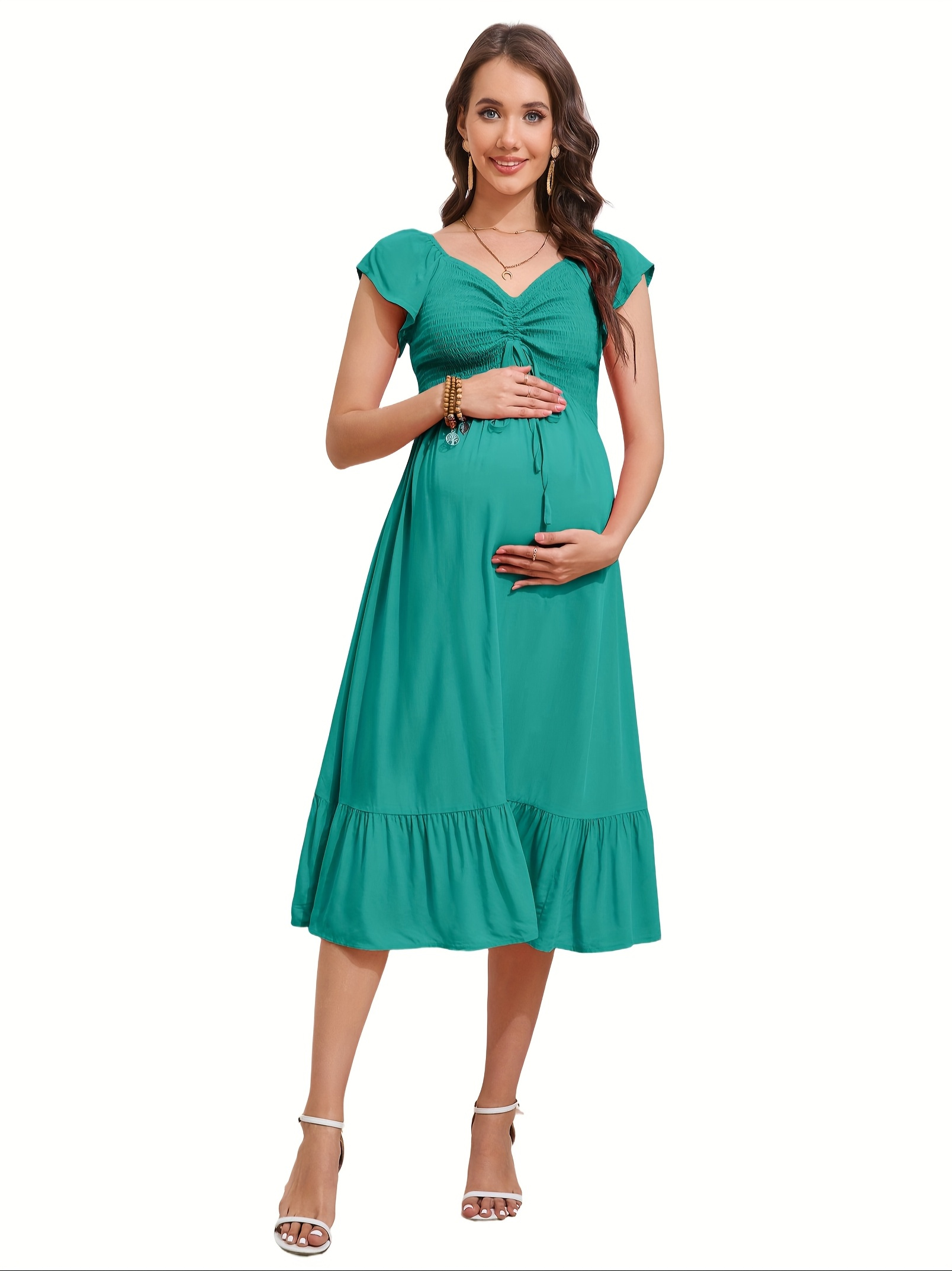 womens maternity short sleeve sweetheart neck summer casual smocked boho  drawstring maxi dress photoshoot baby shower - women's clothing - Temu