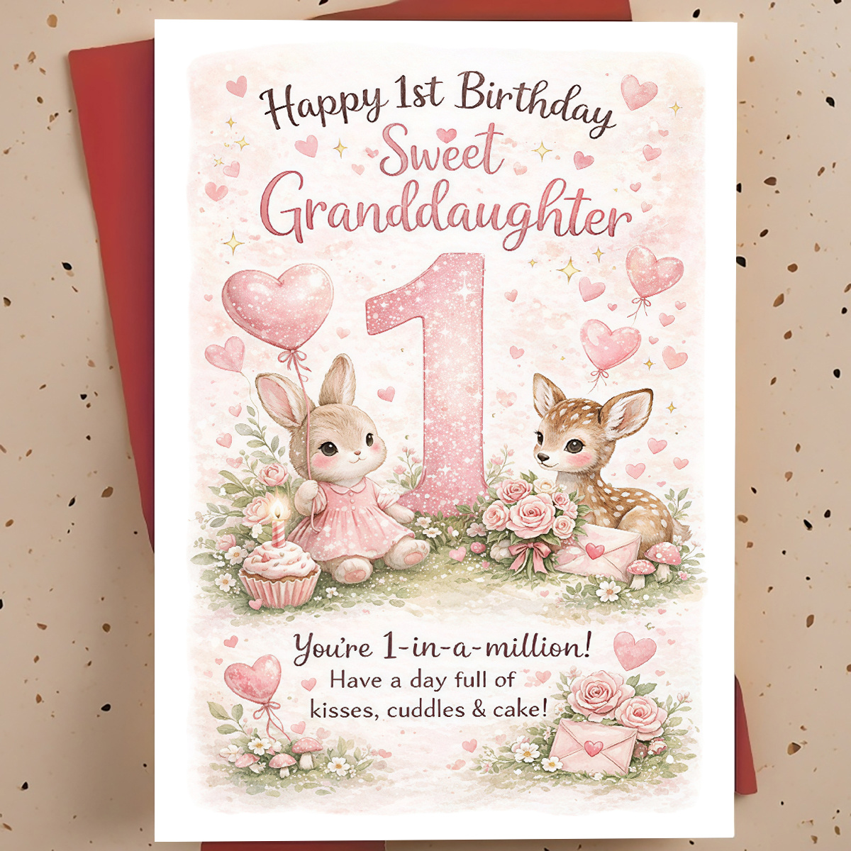 TEMU 1pc First Birthday Card For Granddaughter | Cute Bunny And Deer Design, Perfect For Family Celebration And Keepsake Gift For Grandparents And ,