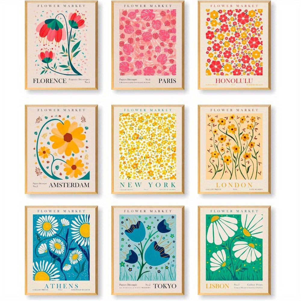 TEMU Ensemble de 9 Affiches Marché des Fleurs, d'Art Mural , Décor Floral Vintage Coloré, Tableaux Minimalistes Ville et Fleurs, Toile Murale Rose,