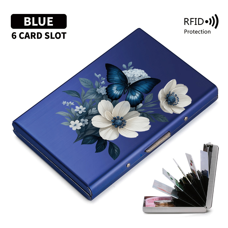 กระเป๋าใส่บัตรโลหะลายผีเสื้อสีฟ้า ขาว ป้องกันการโจรกรรม rfid แบบป๊อปอัพ บางเฉียบ ผิวด้าน สไตล์แฟชั่น สำหรับทุกเพศ…: retailer-supplied image
