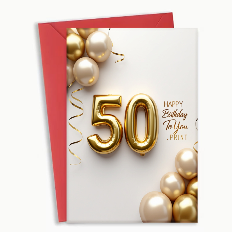 TEMU Golden 50th Birthday Greeting Card, With Envelope, Printed With Balloons And The Words "happy Birthday", Suitable For 50th Birthday Celebrations