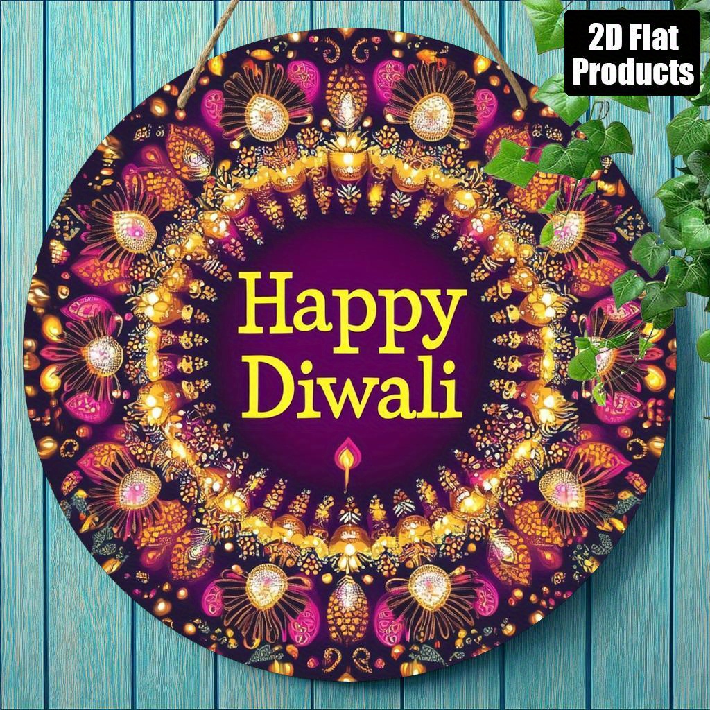 TEMU 2d Flat Printing, 1pc, Happy Diwali Themed Round Wooden Sign, Decorative Plaque Wall Hanging Ornament, Used For Decorating Bedrooms, Dining