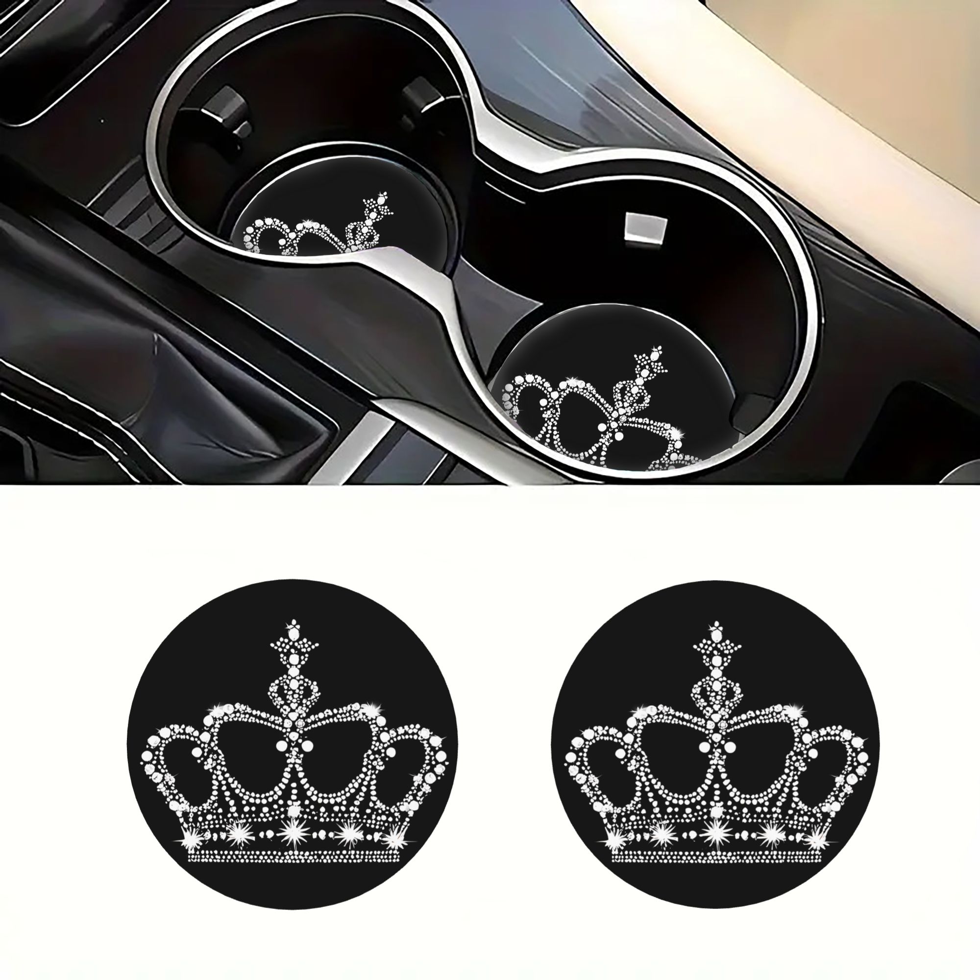 TEMU 2d Flat Printing 2pcs Crown Car Cup Coasters, Great Gifts For . Stylish And Easy To Carry, 2d Flat