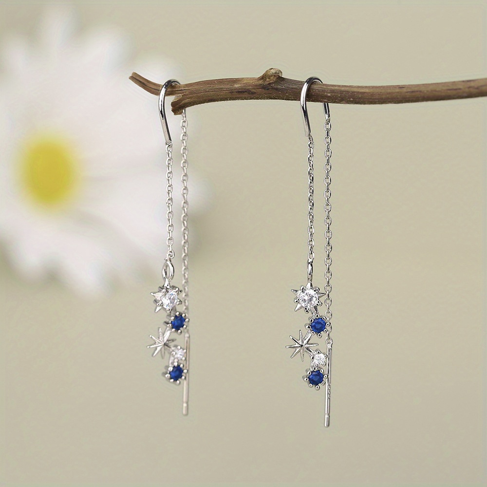 TEMU Paire de boucles d'oreilles longues à avec bleu foncé d'étoile à branches, design à franges d'étoile multi-chaînes, bijoux élégants pour soirée