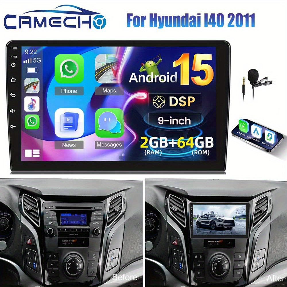 Image of Camecho Dsp Car Stereo Radio For I40 2011 With Auto , [2g+64g] 9 Inch Hd Ips Touch Screen Build-in Gps B/ T Car Radio Wifi Ahd Backup Camera Mic
