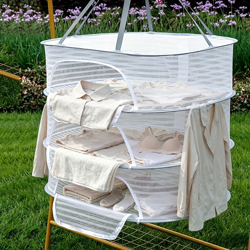 TEMU 3-tier Heavy-duty Foldable Drying Rack With Zipper Closure & Wall-mountable - Space- Mesh Dryer Suitable For Clothes, Underwear, Socks, Towels -